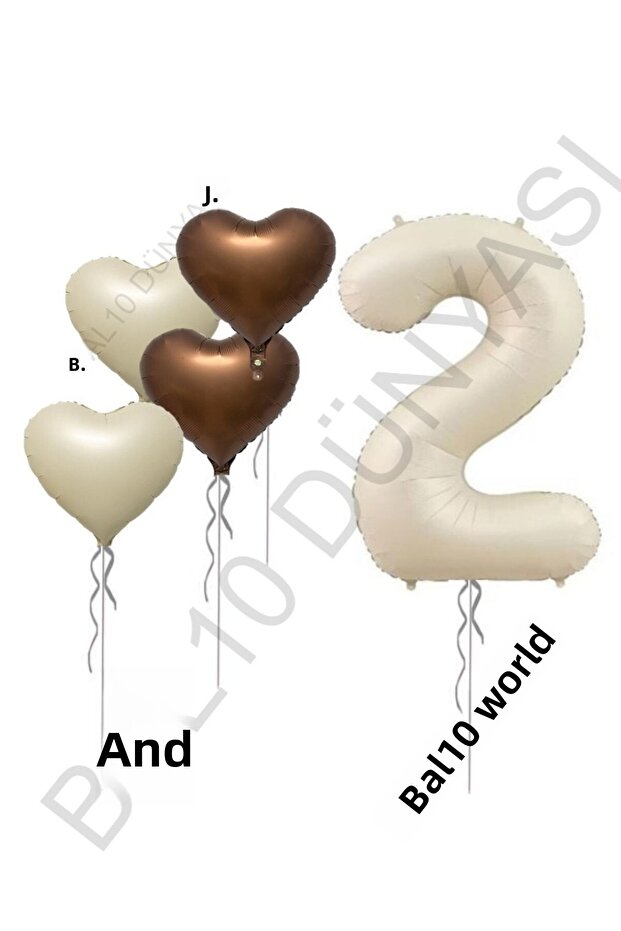 Beige Number and Heart Foil Balloon Set Age 2