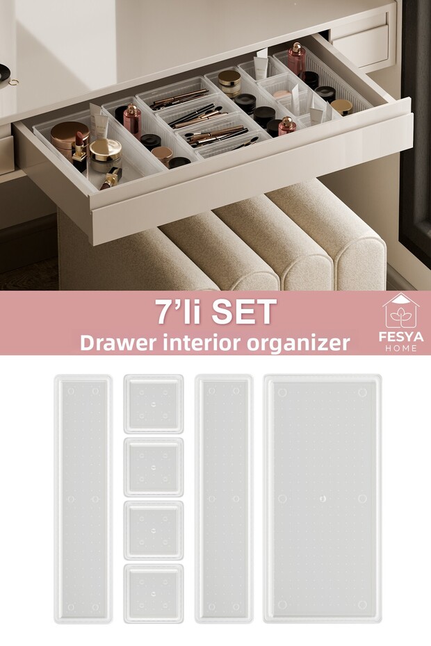 Origami Drawer Organizer Makeup, Kitchen, Office, Bathroom Organizer Transparent 7-Pack 4K - 2B - 1XL