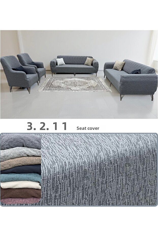 Stretch Elastic Flexible Washable Cotton 3 2 1 1 Jacquard Sofa Cover Set Couch Cover (Grey).