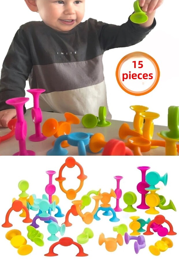 15 قطعة من أحجار السيليكون مع كوب الشفط - لعبة ألغاز Popit التعليمية Squigz - 5