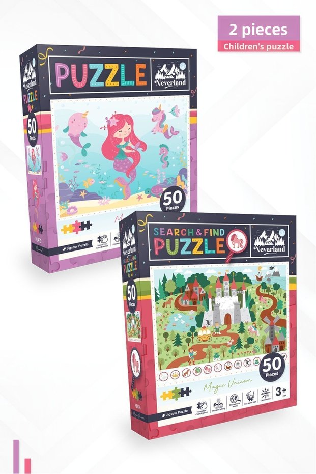2-Piece Children's Puzzle - 50 Pieces Mermaid and 50 Pieces Search and Find Magic Unicorn