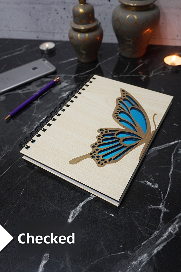 Butterfly Themed Wooden Cover Notebook - Checkered Notebook - Agenda - School Notebook (A5 - 120 Pages)