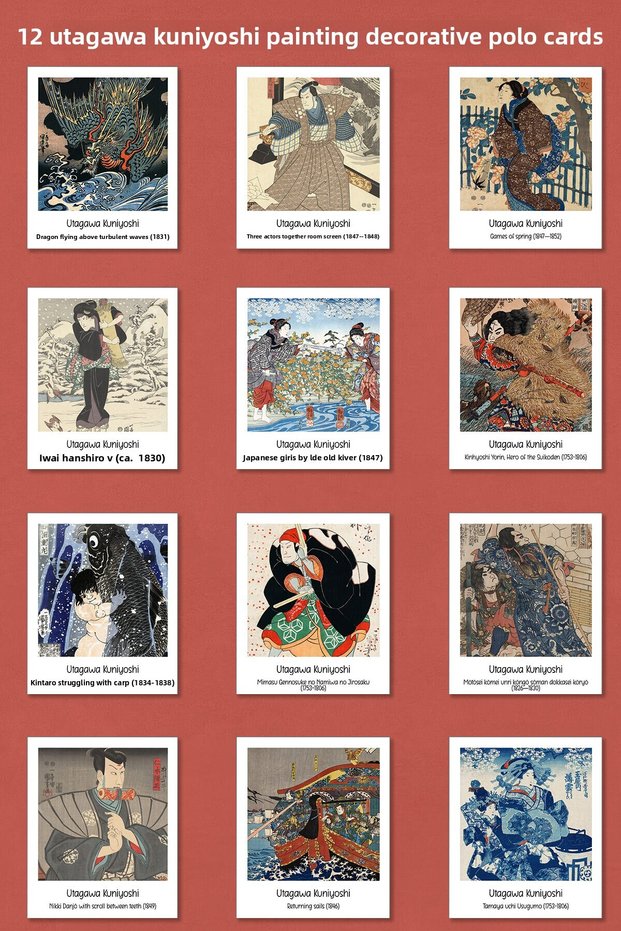 Utagawa Kuniyoshi Paintings 12 Pieces Decorative Polo Cards - Wire Board or Cork Board Decoration