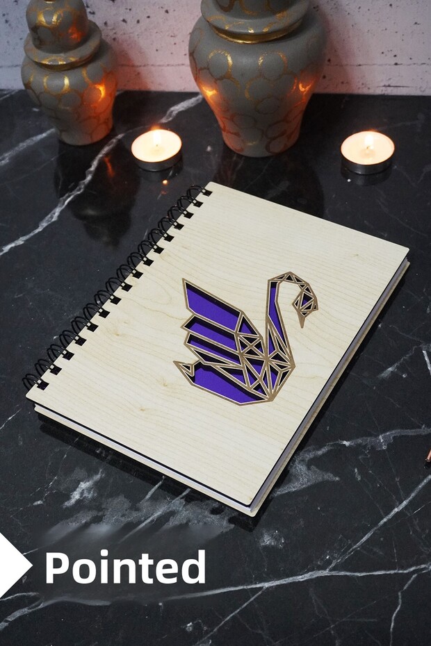 Swan Themed Wooden Cover Notebook - Dotted Notebook - Agenda - School Notebook (A5 - 120 Pages)