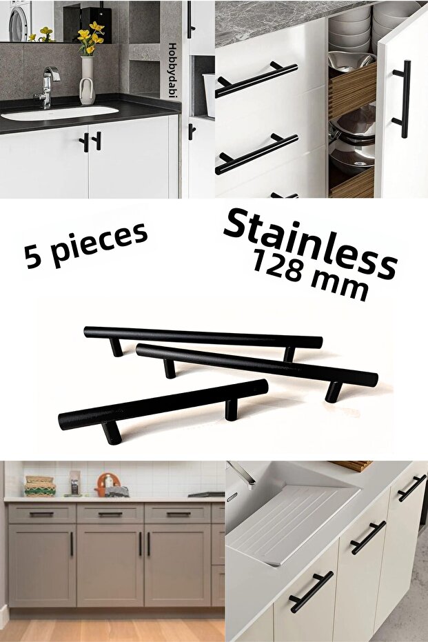 128 Mm Stainless Black Handle 5 Pieces Furniture Drawer Cloakroom Kitchen Cabinet Handle 4251