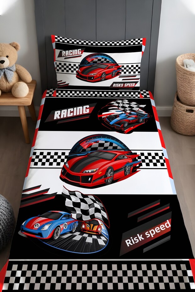Checkered Red Racer Patterned Bedspread and Pillowcase