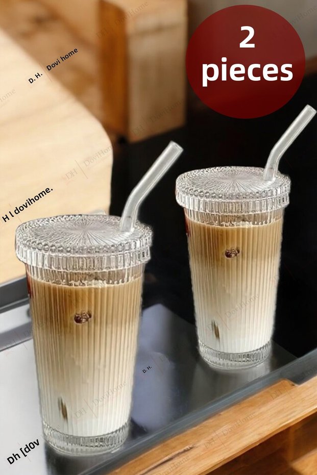 2 Pieces 400 ml Origami Style Glass Cup with Glass Straw |   Coffee and Presentation Cup |   Soft Drink Glass