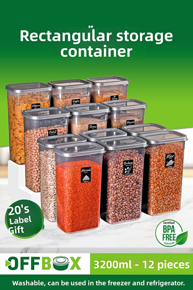 12 Pieces 3.2 Lt. Large Size Rectangular Nuts and Legumes Storage Box with 20 Labels