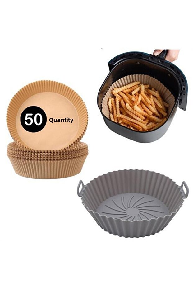 Silicone Airfryer Compatible Gray 20 Cm and 50 Pieces Disposable Baking Paper Round Plate Model
