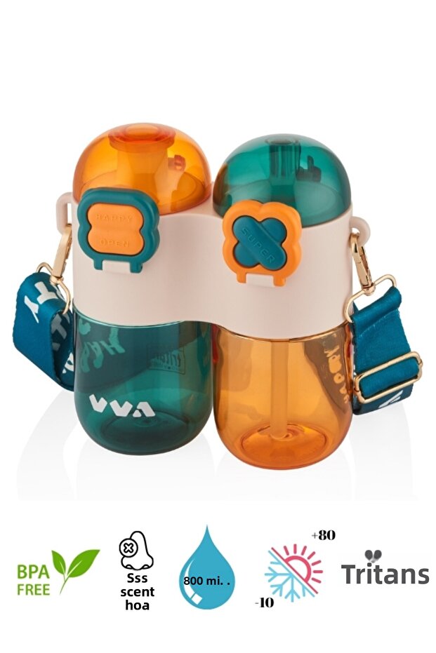 Single Body Double Chamber Children's Water Bottle with Straw and Without Straw, with Hanging Strap - 800 Ml.