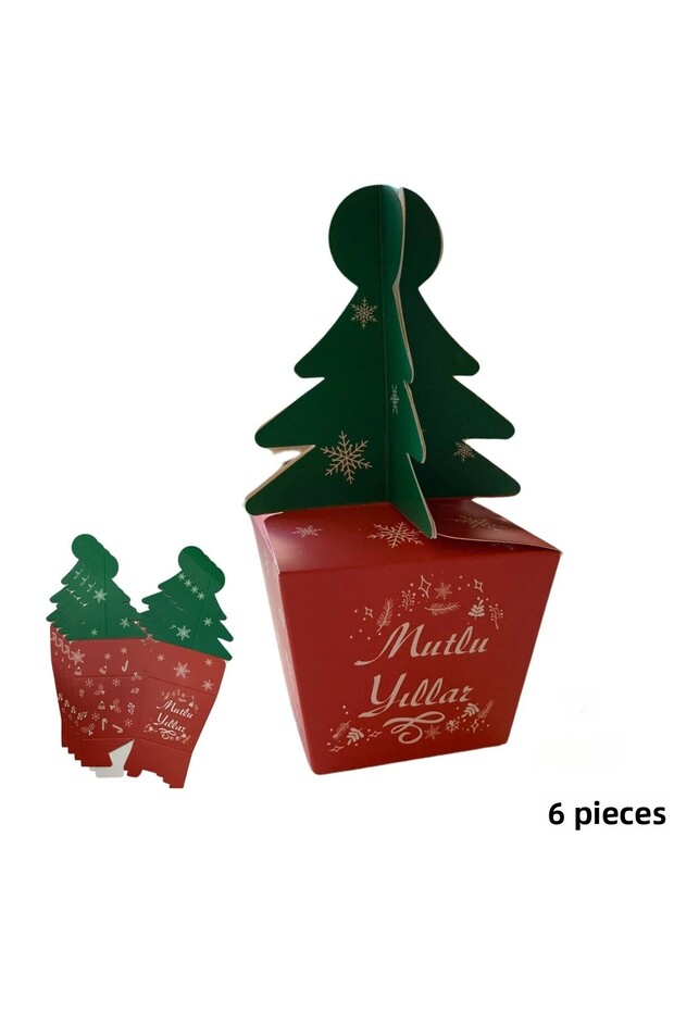 Christmas Pine Tree Handle Gift Box, 6 Pieces, New Year Party, Decor, Ornament Box, 6 X 6 X 16 cm