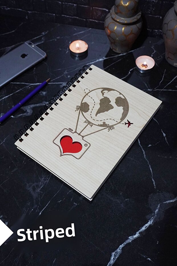 Flying Balloon Themed Wooden Cover Notebook - Lined Notebook - Agenda - School Notebook (A5 - 120 Pages)