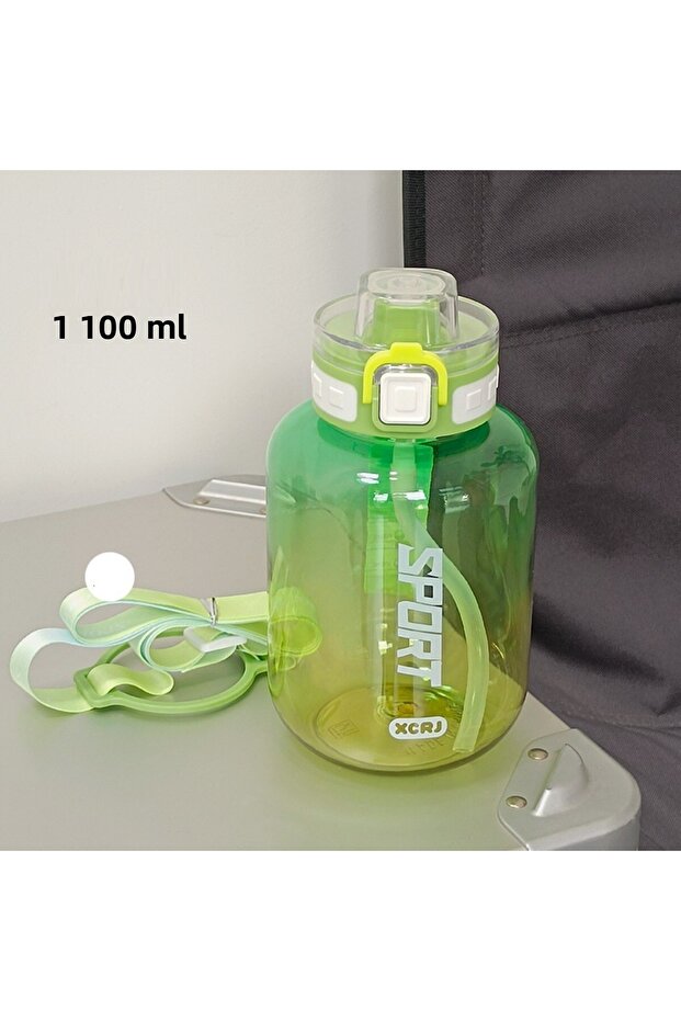 Sport Water Bottle 1100 Ml, with Strap and Straw, Green, 20X11