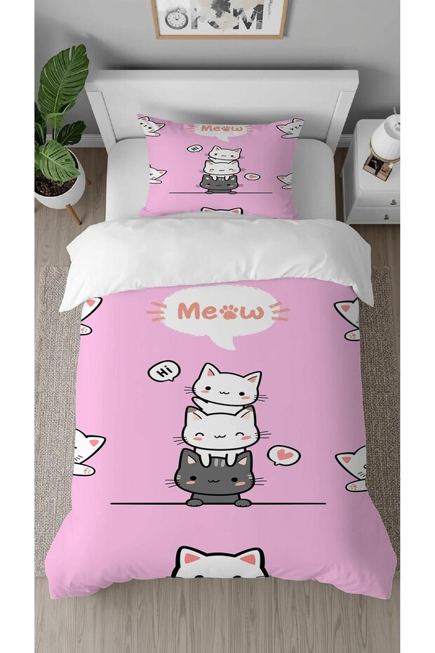 Sweet Cats Patterned Digital Printed Special Design Single Stylish Children's Duvet Cover Set Without Sheets
