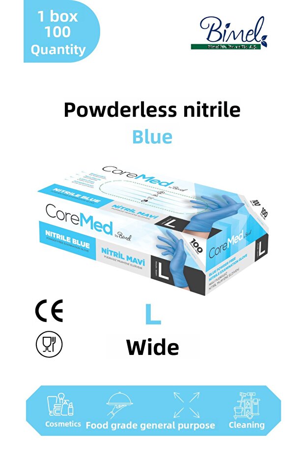 Nitrile Blue Powder-Free Examination Gloves L - 1 Pack of 100