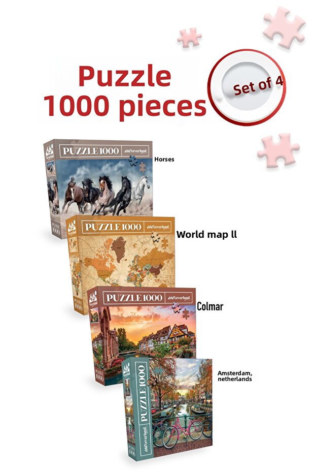 4 Pieces 1000 Piece Puzzle - Colmar / Amsterdam / World Map Ii / Horses