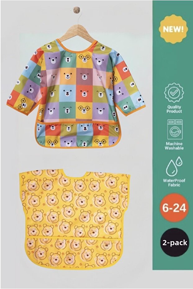 Liquid-Proof Activity and Feeding Bib 0-36 Months Long and Short Sleeves 2-Pack Baby Bib