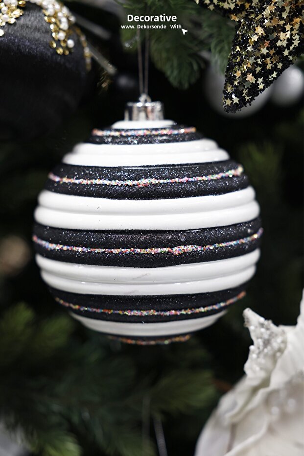 Christmas Ornament Ring Striped Ball Black and White 15 cm