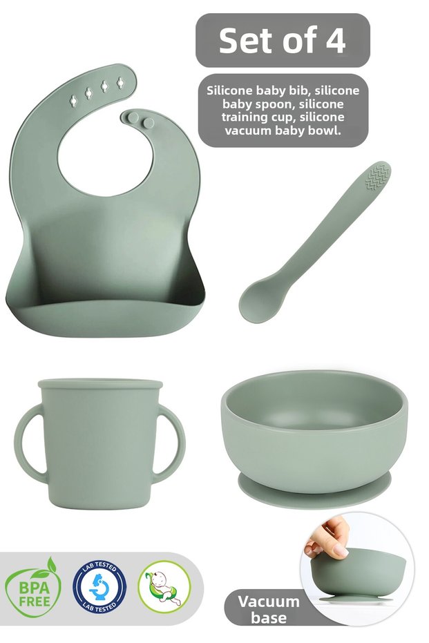 4-Piece Silicone Baby Feeding Set - Vacuum Bowl - Baby Bib - Cup with Handle - Teaser Spoon - Green