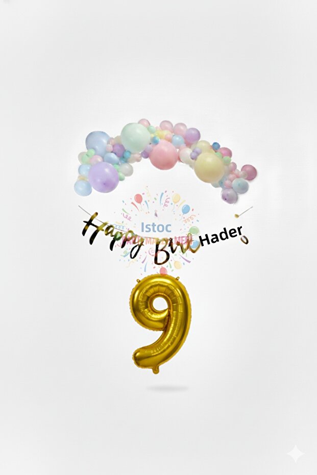 İstoç Happy Birthday Written Calligraphy Banner Macaron Balloon Set 9 Years Old Gold Set Birthday