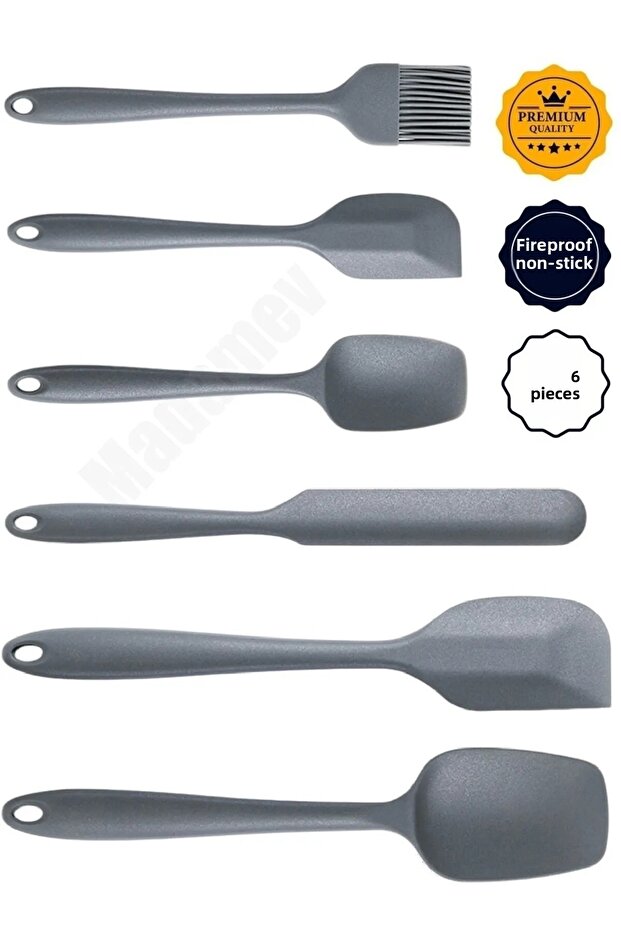 6-Piece Silicone Brush Spatula Serving Set Fireproof Non-Stick Brush Spoon Knife Spatula Set Gray
