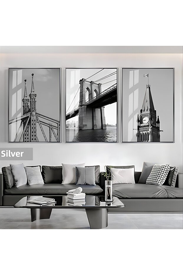 Amazing | Black&White Ny Bridge-Bigben Combination | Framed Glass Table 3 Pieces Vertical