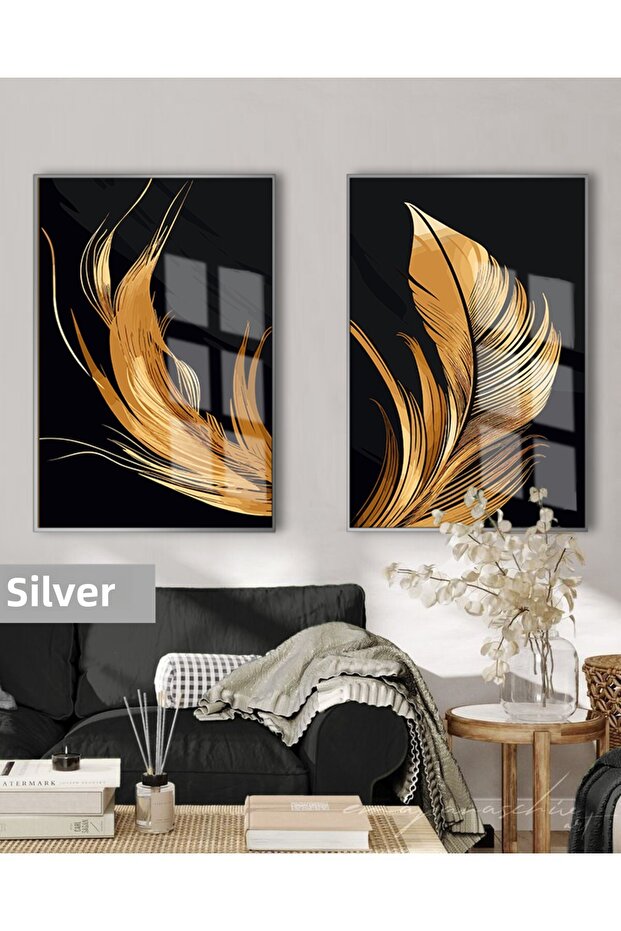 Amazing | (Feather) Black&Gold Set Feather Combination | Framed Glass Table 2 Pieces Vertical