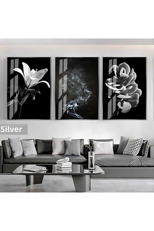 Amazing | Black&White Set Smoking-Flowers Combination | Framed Glass Table 3 Pieces Vertical