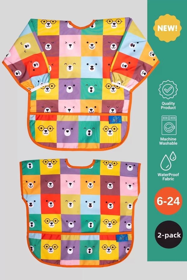 New Trend Liquid Proof Set of 2 Food-Activity Bibs Colorful Bears 6-24 Months