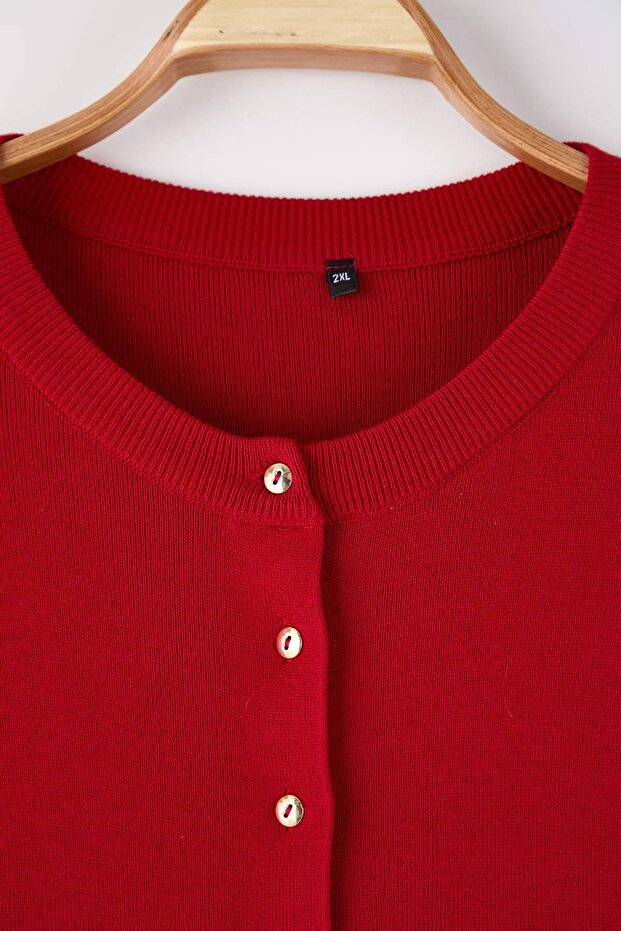Wardrobe Essentials Kırmızı Düğme Detaylı Pamuklu Basic Triko Hırka TBBAW26AV00042 - 6