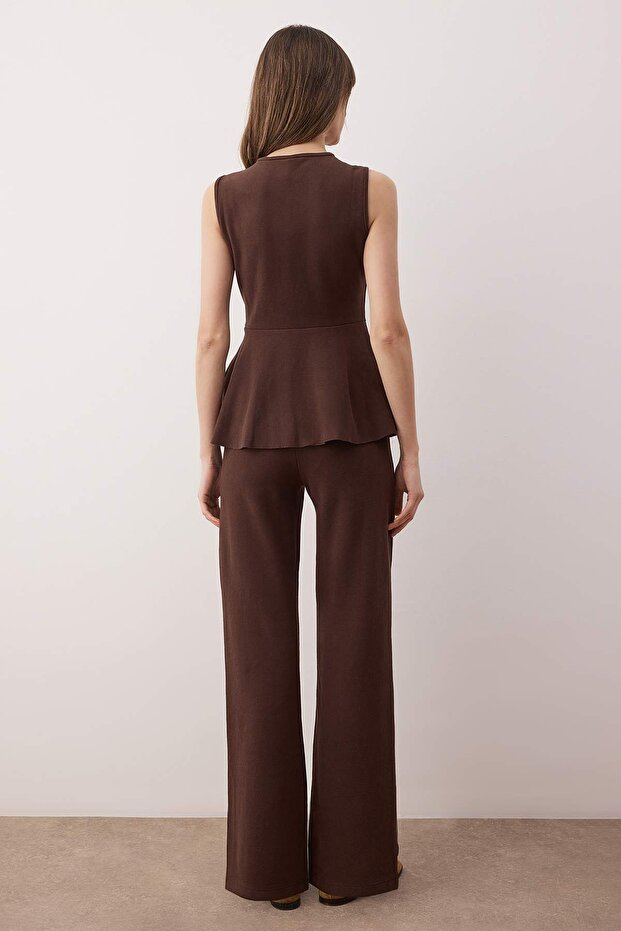 Kahverengi Selanik Düğmeli Belden Açılan Wide Leg/Palazzo Alt Örme Alt - Üst Takım TWOAW26AU00092 - 4