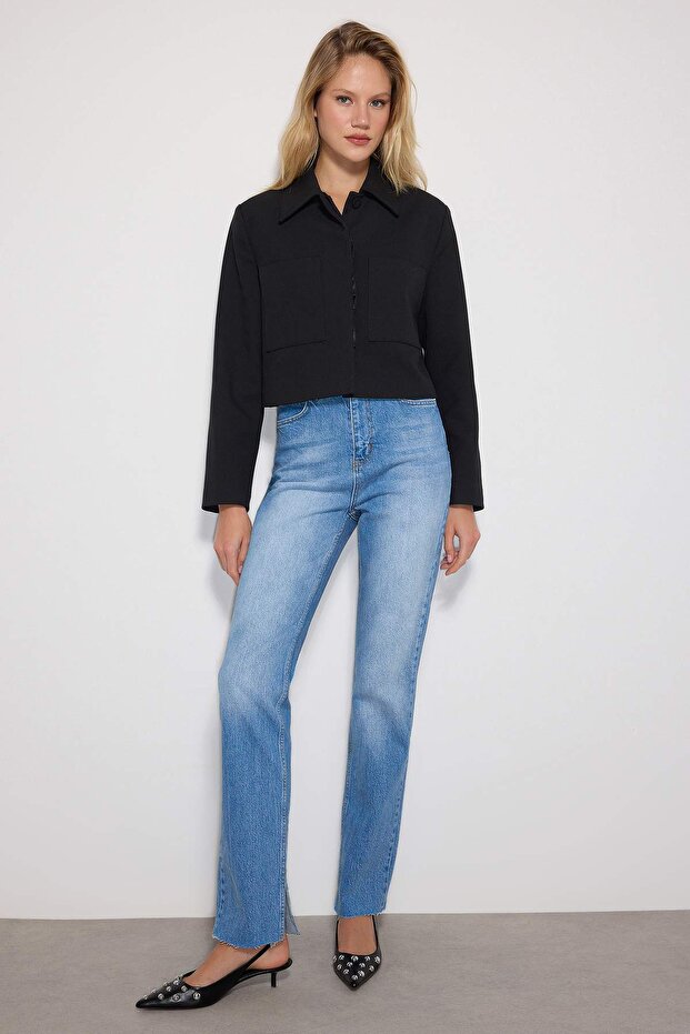 Lacivert Yırtmaçlı Yüksek Bel Comfort/Esnek Flare İspanyol Paça Jeans TWOAW22JE0382 - 1