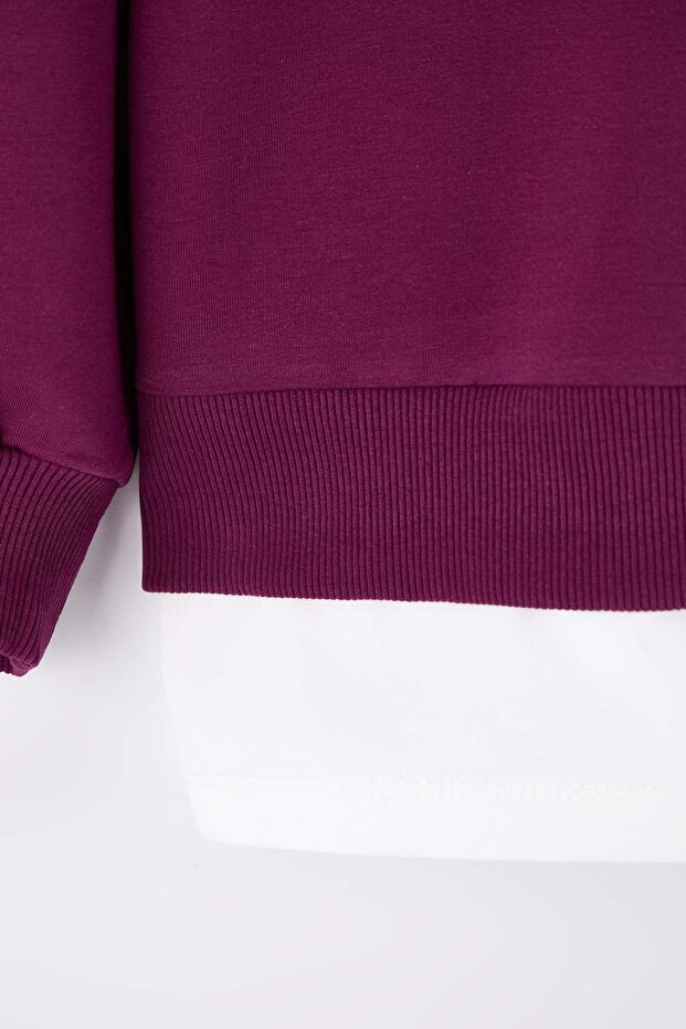 Mürdüm Alttan T-Shirt Çıkma Görünümlü İnce Örme Büyük Beden Sweatshirt TBBAW23AO00023 - 6