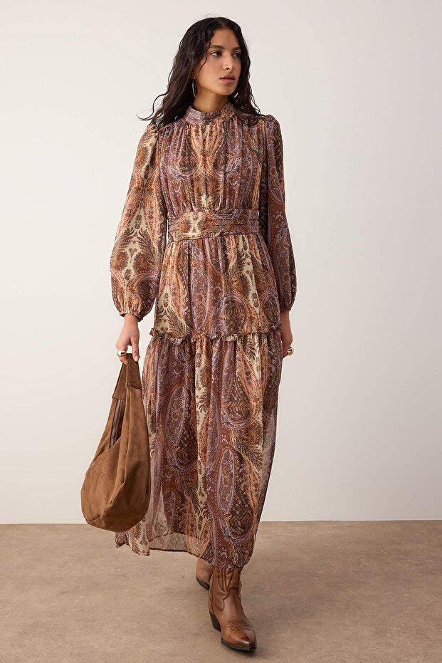 Multicolor Lined Shawl Patterned Chiffon Dress TCTSS25EB00063