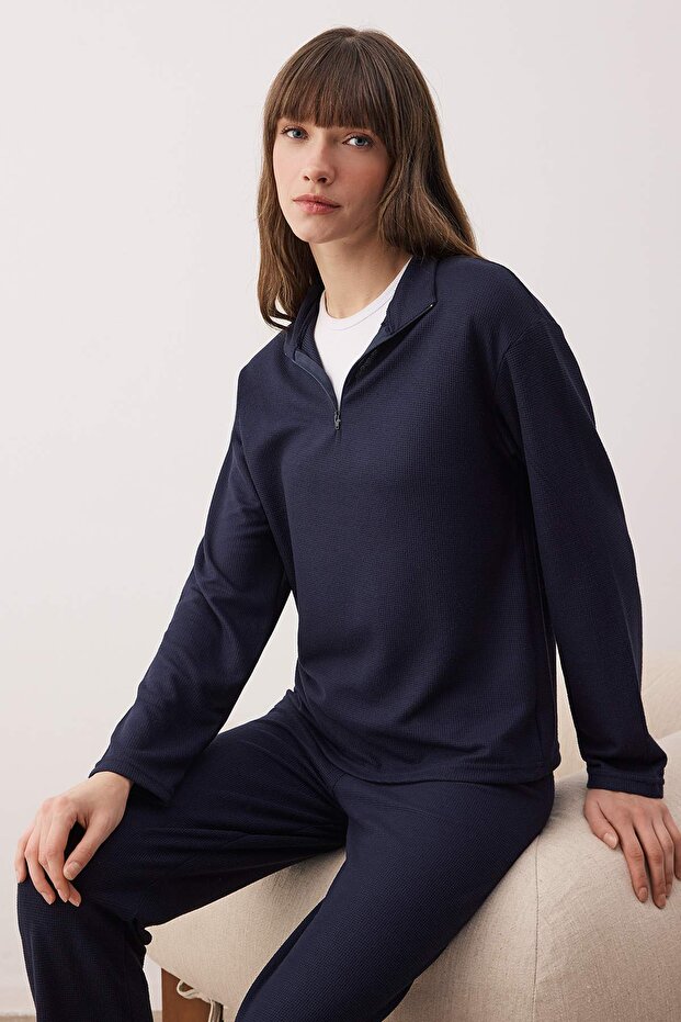 Lacivert Fermuarlı Yumuşak Kışlık Waffle Örme Pijama Takımı THMAW26PT00186 - 2
