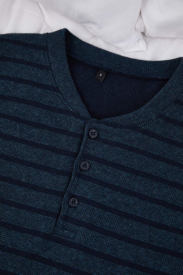 Petrol Regular Pattern Textured Striped Buttoned Collar Knitted Pajama Set Tmnaw26Pt00042 - 3