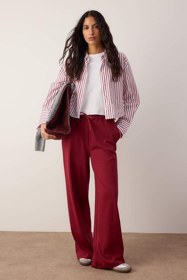 Bordo Mevsimlik Wide Leg/Geniş Paça Baplama Detaylı Esnek Örme Eşofman Altı TWOAW26EA00005 - 1