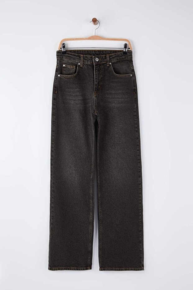 Antrasit Yüksek Bel Vintage Yıkama Geniş Paça Wide Leg Jeans TWOAW26JE00124 - 5