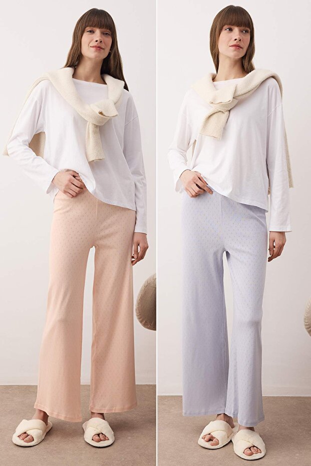 Çok Renkli 2'li %100 Pamuklu Pointel Ajurlu/Delikli Örme Pijama Altı THMAW26PJ00004 - 1