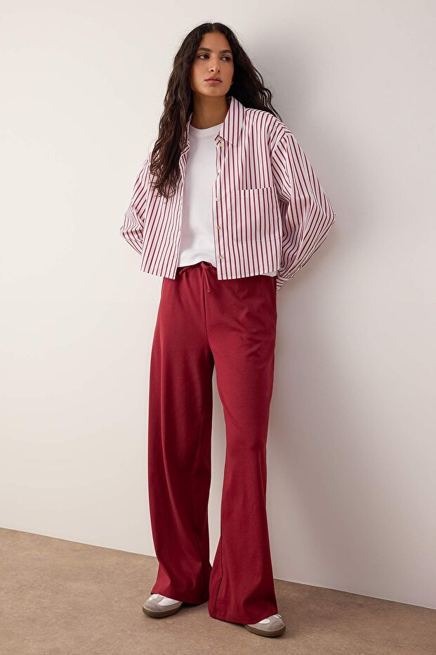 Bordo Mevsimlik Wide Leg/Geniş Paça Baplama Detaylı Esnek Örme Eşofman Altı TWOAW26EA00005 - 2