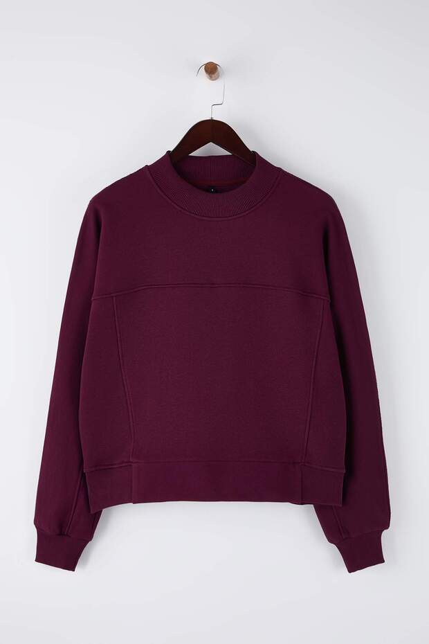 Mürdüm Oversize/Geniş Kalıp Dik Yaka Kalın İçi Polarlı Örme Sweatshirt TWOAW26SW00205 - 5