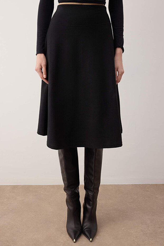Siyah Selanik A-line/Çan Açılan Midi Örme Etek TWOAW26ET00149 - 3