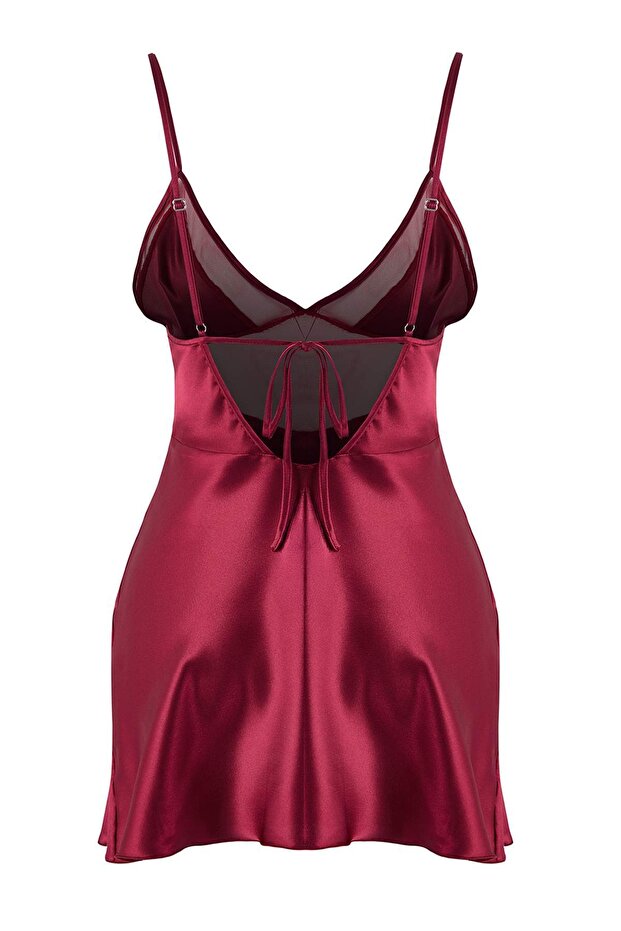 Bordo Tül/Mesh ve Sırt Detaylı Kapsız Askılı Saten Babydoll/Fantezi Gecelik THMAW26CY00005 - 6