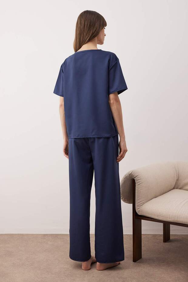Lacivert Mat Saten Dokuma Pijama Takımı THMAW26PT00032 - 4