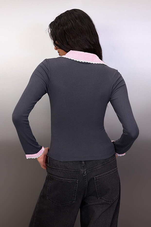 Antrasit Ekose/Kareli Fitted/Vücuda Oturan Dokuma Detaylı Örme Bluz TWOAW26BZ00008 - 4