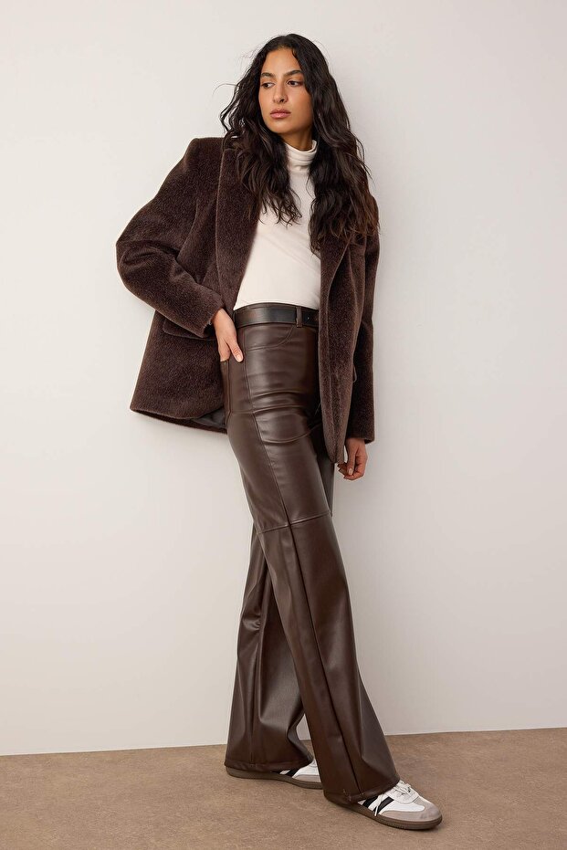 Kahverengi Relaxed/Rahat Straight/Boru Paça Dikiş Detaylı Örme Deri Pantolon TWOAW25PL00068 - 2