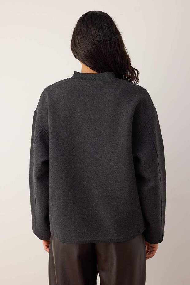 Antrasit Kaşe Cep Detaylı Dokuma Oversize Ceket TWOAW26CE00078 - 4