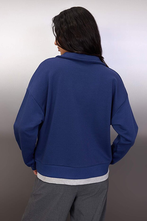 Lacivert Polo Yaka Çift Katlı Örme Sweatshirt TWOAW26SW00127 - 4