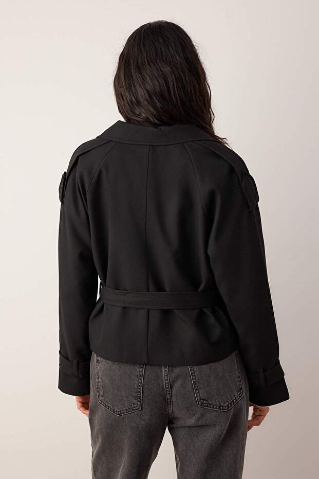 Siyah Premium Dokuma Crop Blazer Ceket TWOSS24BC00010 - 4