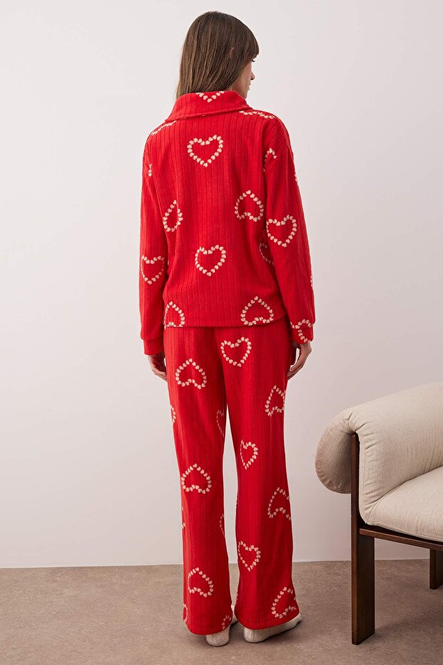 Kırmızı Kalpli Polar Kışlık Örme Pijama Takımı THMAW25PT00058 - 5